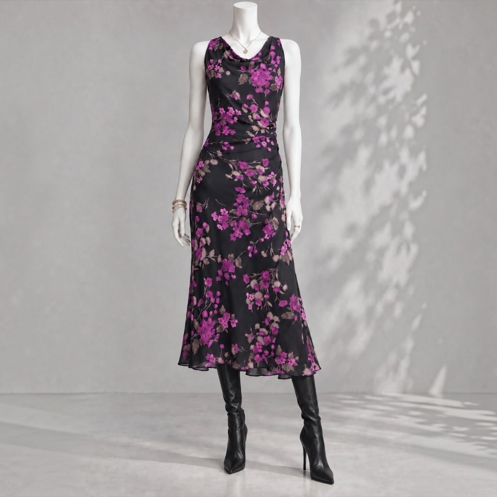 Jones NY 90s Y2K Whimsigoth Dress 16, Black Purple Floral Draped Romantic Midi
